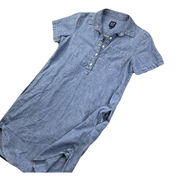 GAP Dresses & Skirts - Gap Denim Popover Dress Womens Petite XS Chambray Collared Pockets Casual